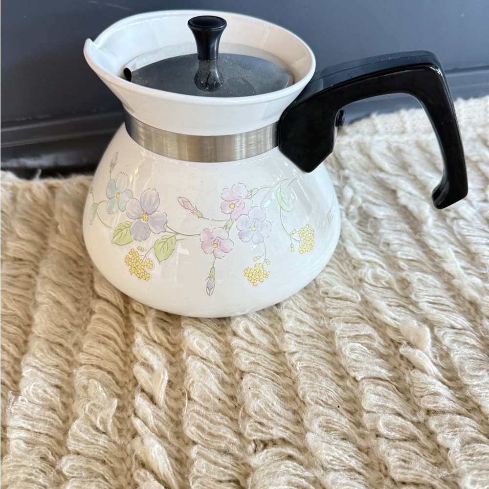 Corningware White Teapot with Floral Design and Black Handle